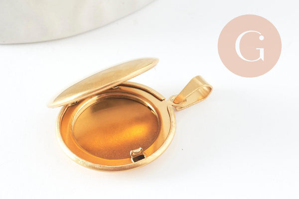 Pendentif locket rond acier 316 inoxydable doré IP 18K 23mm, x1 (G9461)