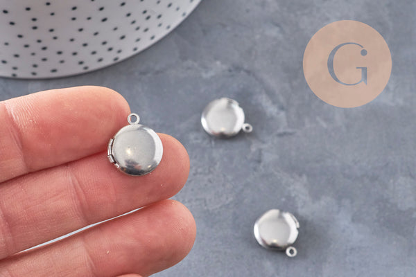 Pendentif locket rond acier 316 inoxydable platine 16mm, x1 (G10985)