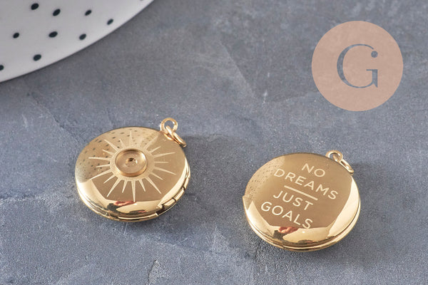 Pendentif locket rond gravé soleil acier 316 inoxydable doré IP 18K 23mm, x1 (G10972)