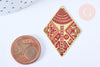 Pendentif losange gravé laiton doré email rouge 38.5mm, x1 (G6693)
