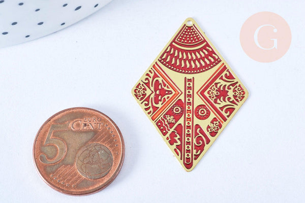 Pendentif losange gravé laiton doré email rouge 38.5mm, x1 (G6693)