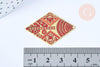 Pendentif losange gravé laiton doré email rouge 38.5mm, x1 (G6693)
