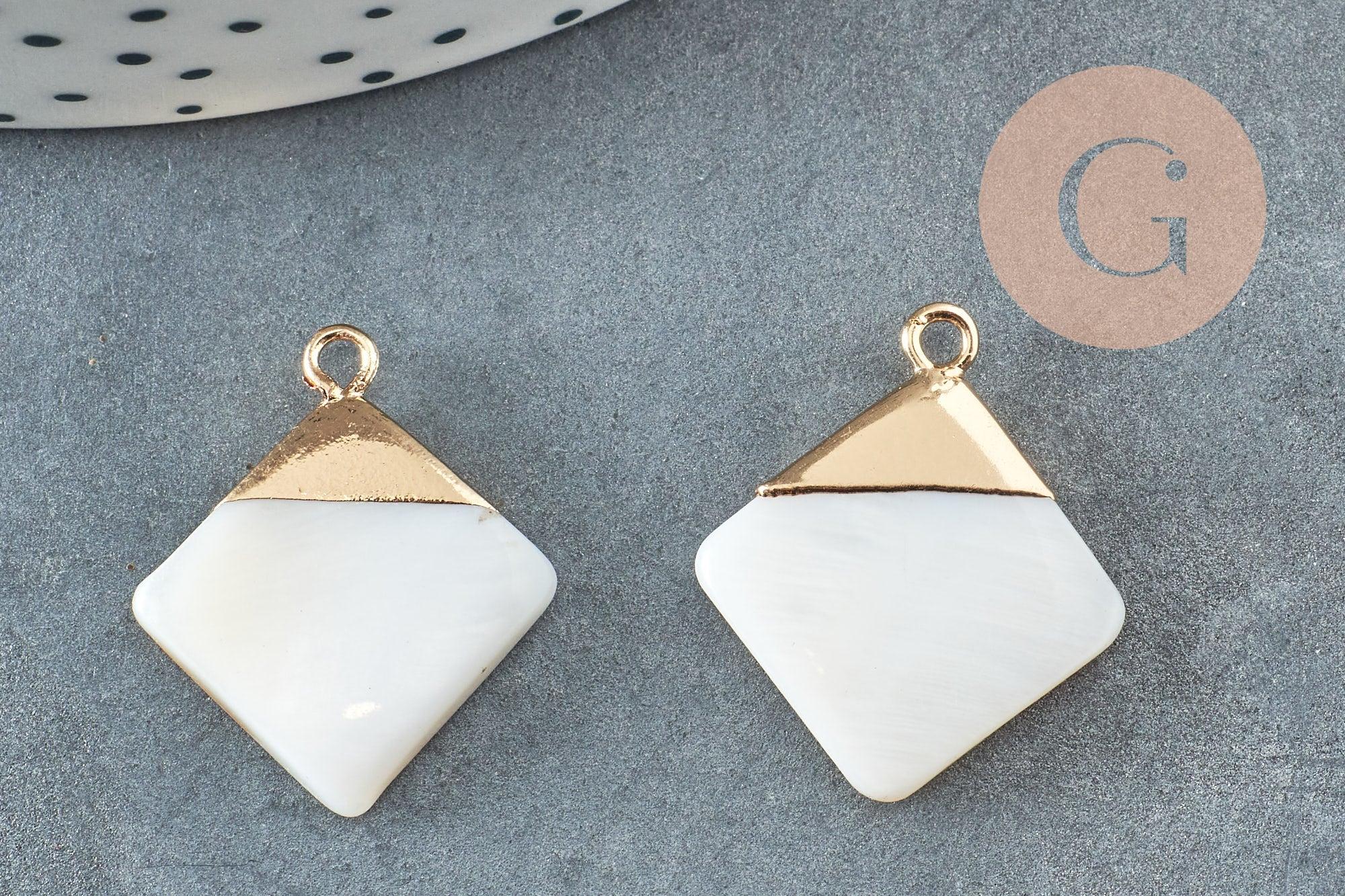 Pendentif nacre blanche naturelle doré losange,pendentif losange nacre,coquillage blanc, 23mm, x2 G2999