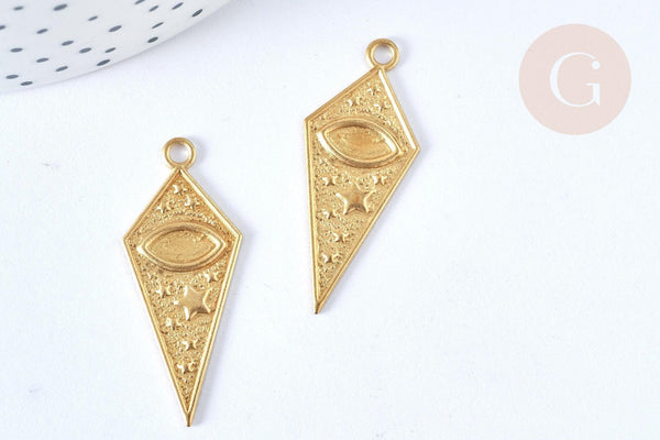 Pendentif losange oeil protecteur laiton brut 36mm, x2 (G6913)