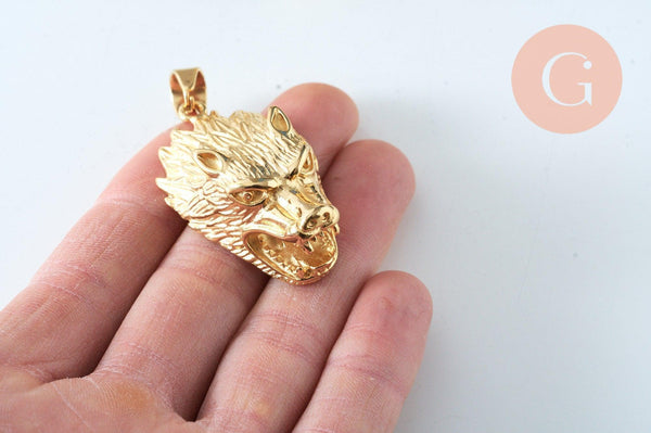 Pendentif loup acier 304 inoxydable doré 47.5mm, x1 (G6013)