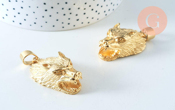 Pendentif loup acier 304 inoxydable doré 47.5mm, x1 (G6013)