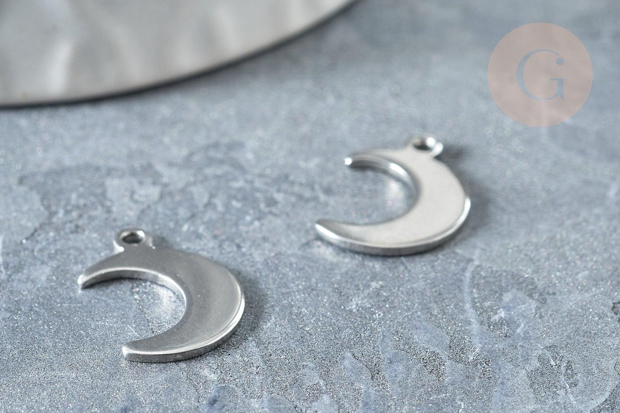 Pendentif lune acier 201 inoxydable argenté 15.5mm, création bijoux acier inoxydable x5 G7619