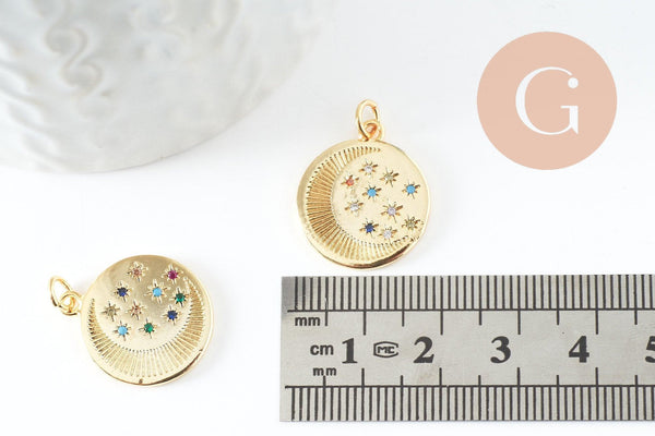 Pendentif lune doré 18K et zircon coloré,pendentif lune doré horoscope,porte-bonheur,laiton doré,20.5mm, x1 (G6200)