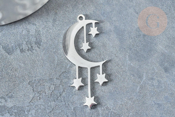 Pendentif lune et étoiles argenté acier 304 inoxydable 41.5mm, x1 (G7664)