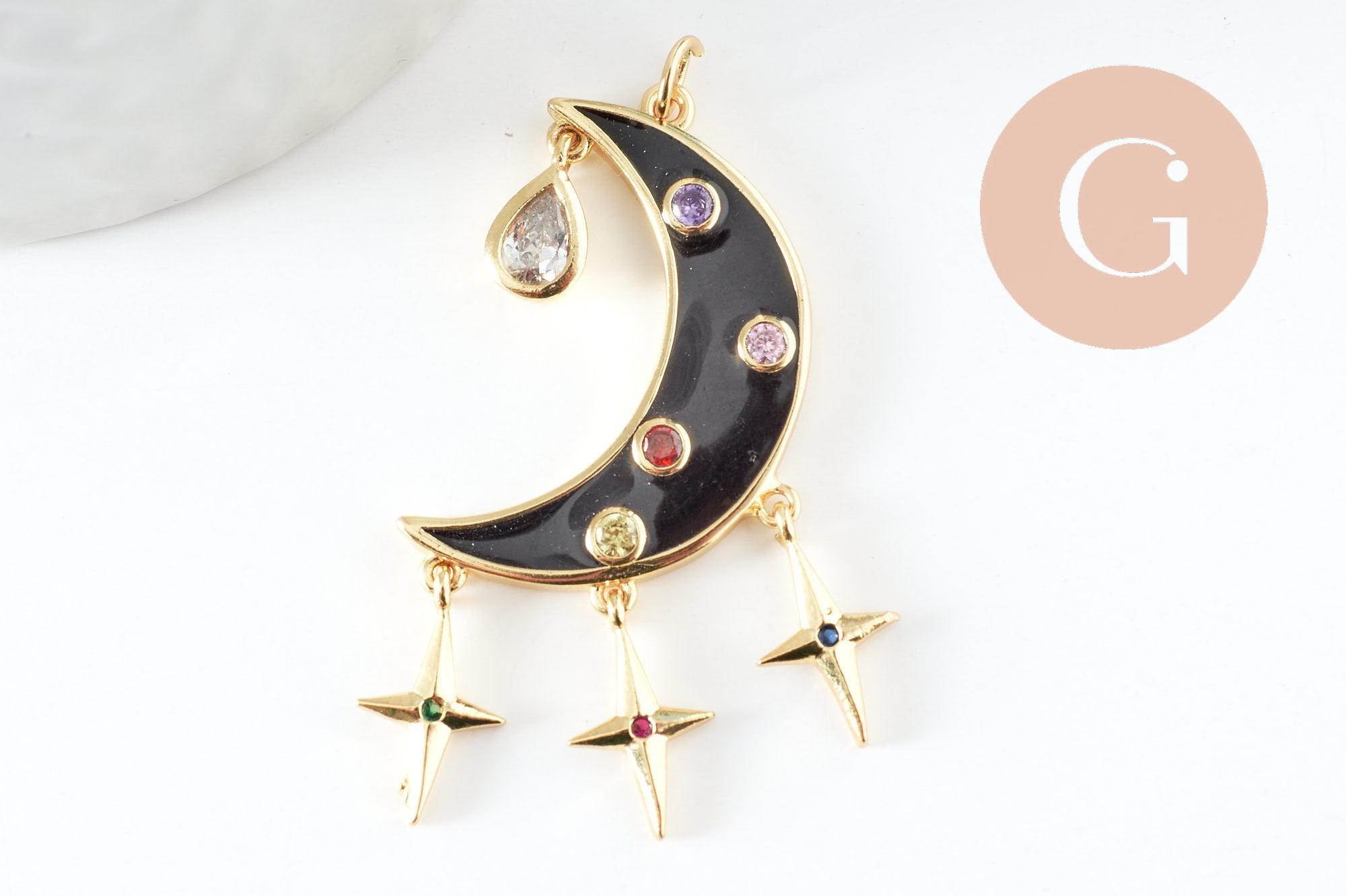 Pendentif lune étoiles émaillé laiton doré 45mm, x1 (G5335)