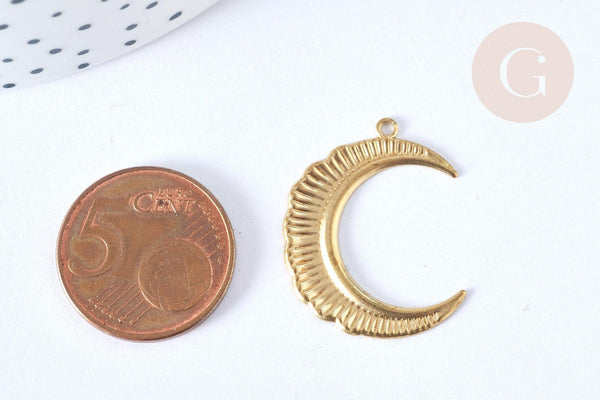 Pendentif lune étoiles laiton brut 27mm, fournitures bijoux laiton brut, x2 (G6915)