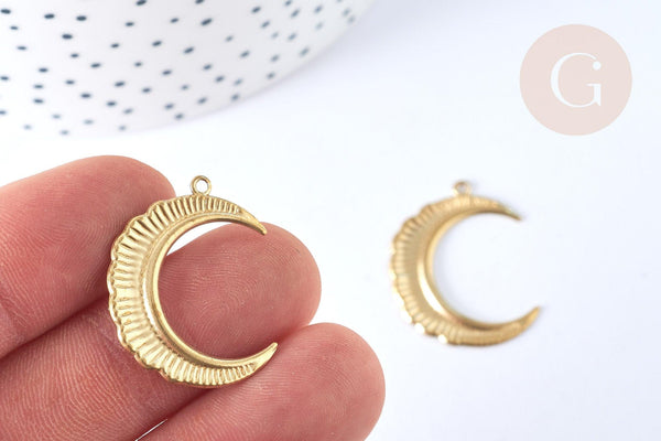 Pendentif lune étoiles laiton brut 27mm, fournitures bijoux laiton brut, x2 (G6915)