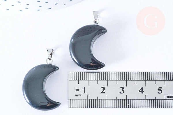 Pendentif lune obsidienne noire naturelle support laiton argenté 29mm, x1 (G6996)