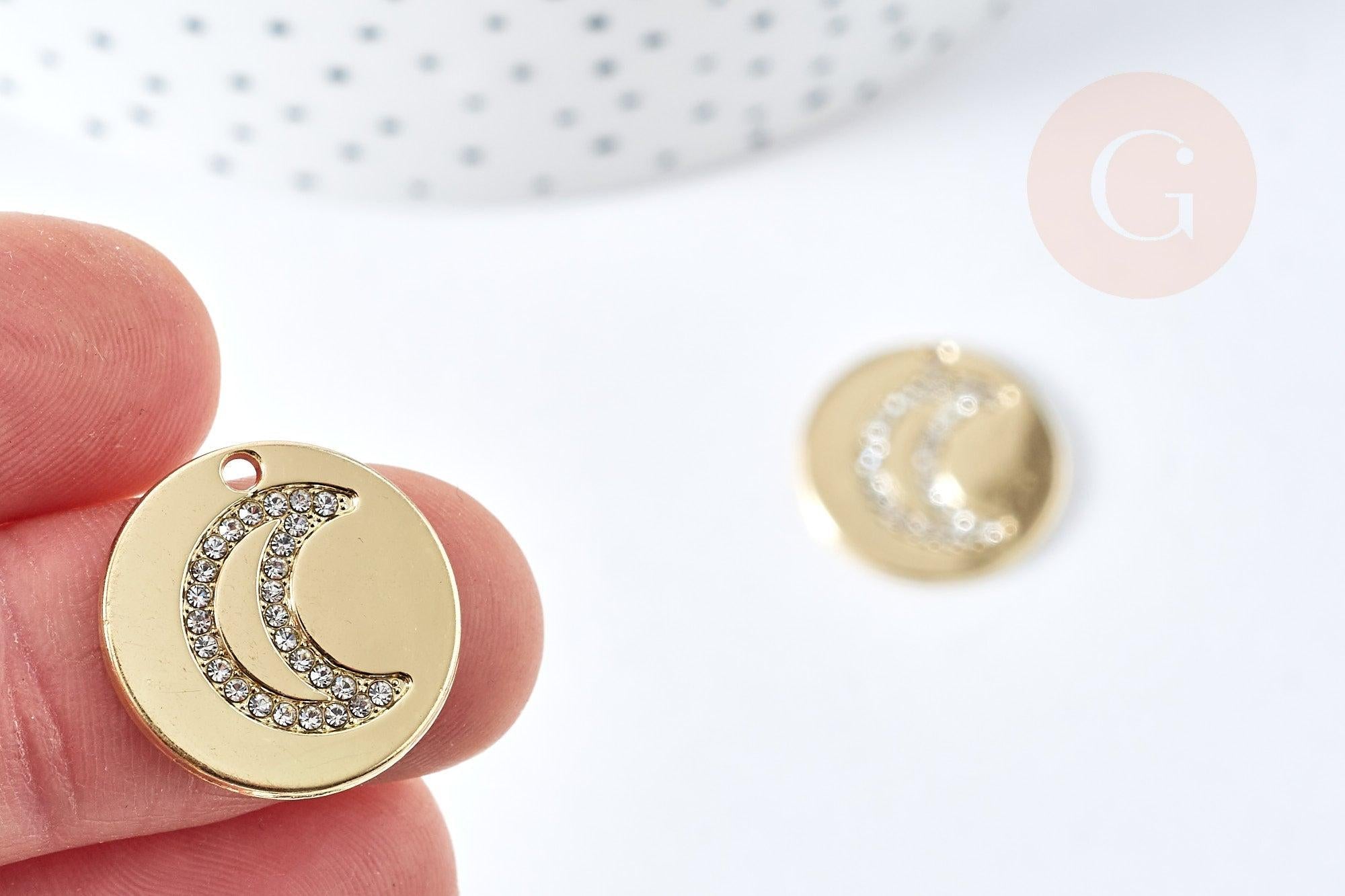 Pendentif lune zamac dore et zircons 19mm,pendentif médaille doré création bijoux, x1 (G8517)
