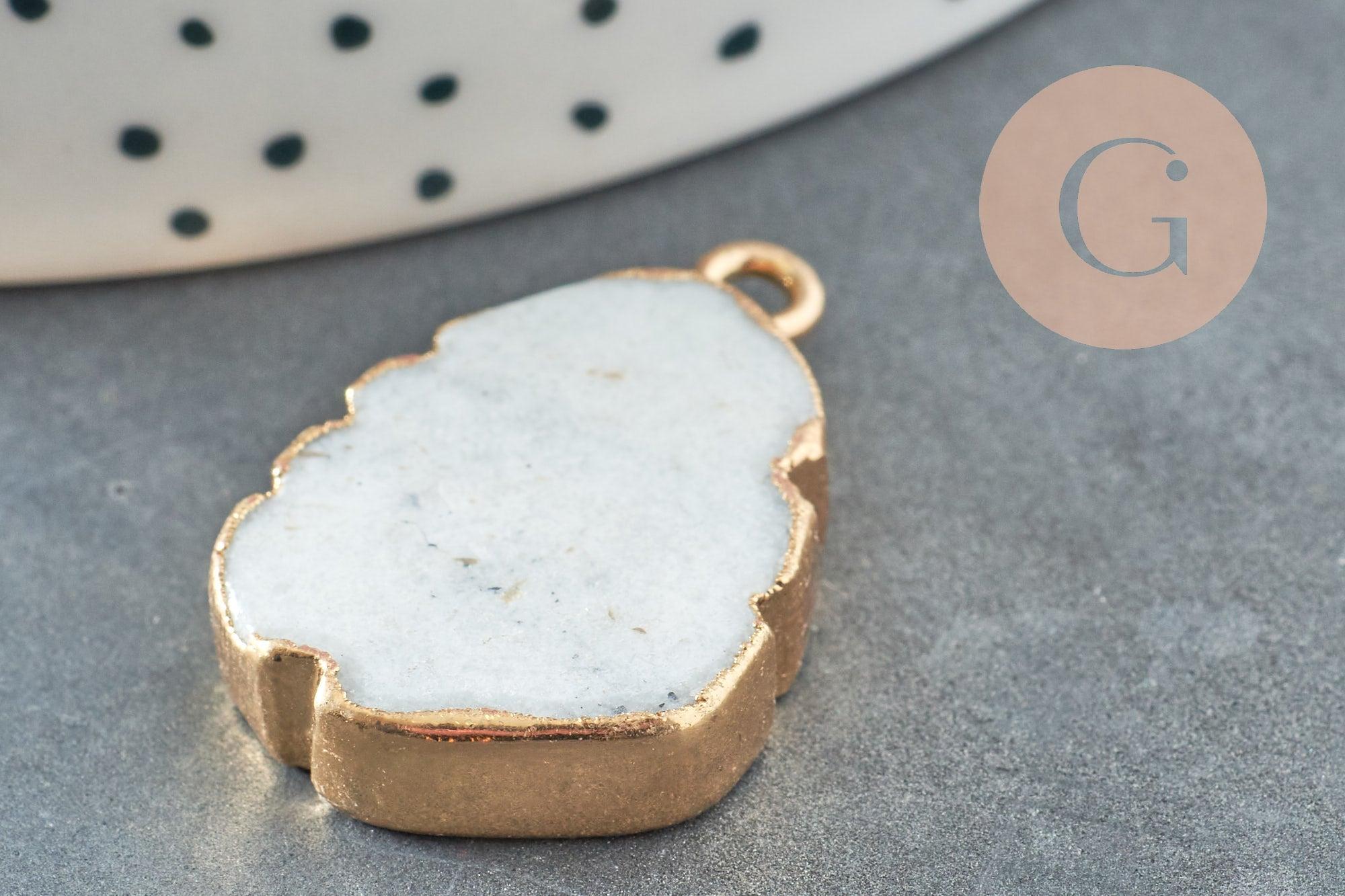 Pendentif marbre blanc naturel fer doré 29mm, x1 (G3545)