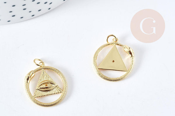 Pendentif mauvais œil et serpent laiton doré rond et plat 22mm, x1 G8963