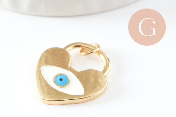 Pendentif médaille Cadenas coeur oeil émail blanc laiton doré 16K,pendentif laiton amour pour création bijoux,20mm, x1 (G4674)