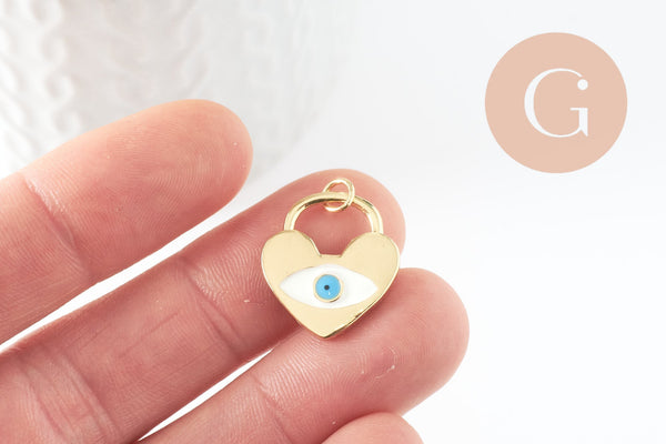 Pendentif médaille Cadenas coeur oeil émail blanc laiton doré 16K,pendentif laiton amour pour création bijoux,20mm, x1 (G4674)