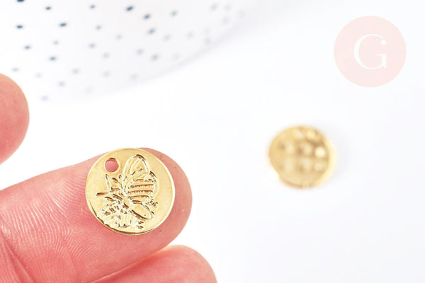 Pendentif médaille abeille zircon laiton doré 18K 13mm, fournitures bijoux, breloque laiton doré, x1 G7121