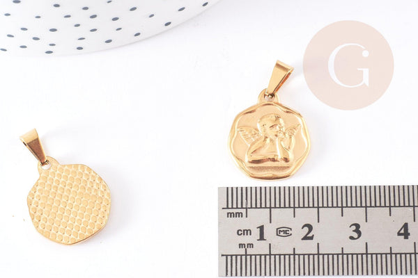 Pendentif médaille ange acier 304 inoxydable doré 20.5mm, pendentif doré sans nickel, x1 - (G2664)