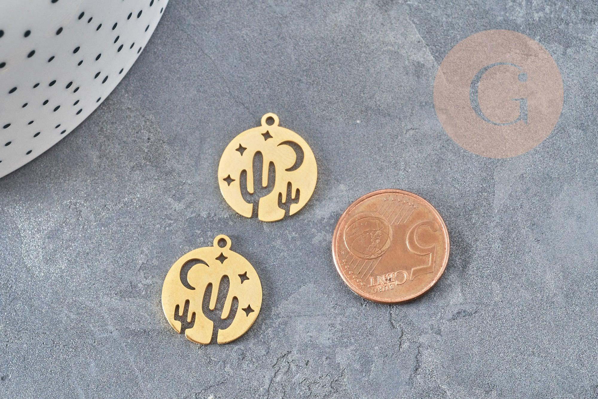 Pendentif médaille cactus étoiles acier doré 20.5mm, breloque acier inoxydable doré x1 (G6038)