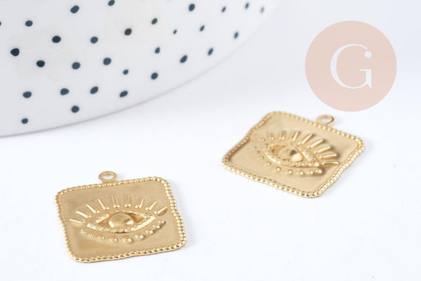 Pendentif médaille carré oeil protecteur laiton brut 22mm, un apprêt doré sans nickel,une médaille dorée en laiton brut,x 2 G6316