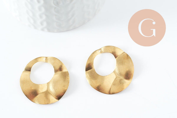 Pendentif médaille cerle embossée laiton brut 33mm, apprêt doré sans nickel x2, (G3124)
