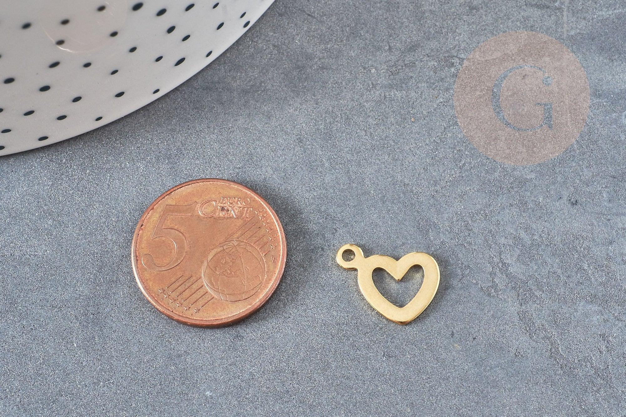 Pendentif médaille coeur acier doré, pendentif acier doré,sans nickel,acier doré, médaille acier,14mm, x5 G3632
