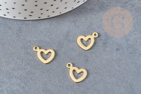 Pendentif médaille coeur acier doré, pendentif acier doré,sans nickel,acier doré, médaille acier,14mm, x5 G3632