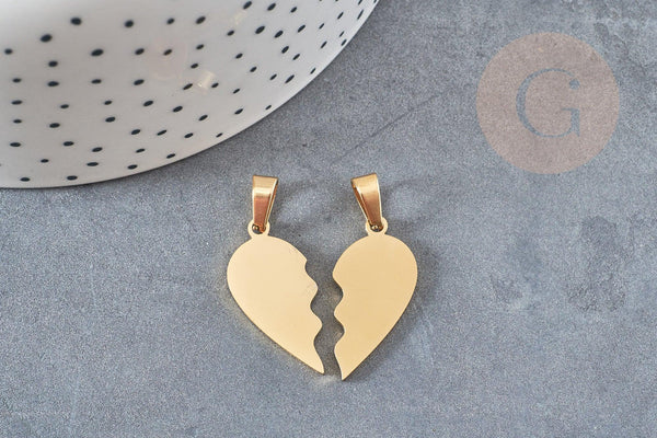 Pendentif médaille coeur acier doré séparable, pendentif acier doré sans nickel pour création bijoux amour et BFF, 26.5mm, x2 G3633