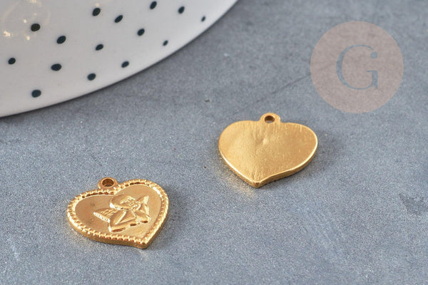 Pendentif médaille coeur ange acier 304 inoxydable doré 15mm, pendentif doré baptême x1 G4846