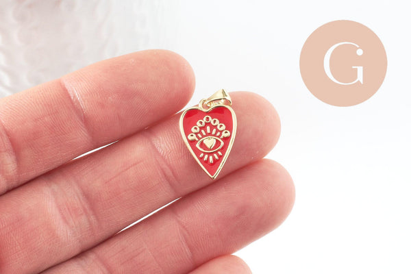 Pendentif médaille coeur émail rouge laiton doré 18K , pendentif laiton amour pour création bijoux,18.5mm, x1 (G5317)