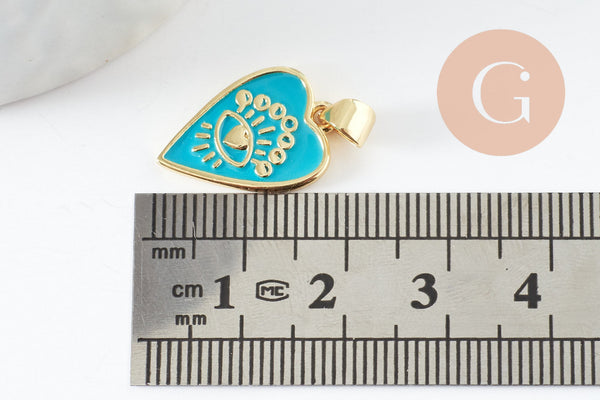 Pendentif médaille coeur émail vert laiton doré 18K , pendentif laiton amour pour création bijoux,18.5mm, x1 (G5318)