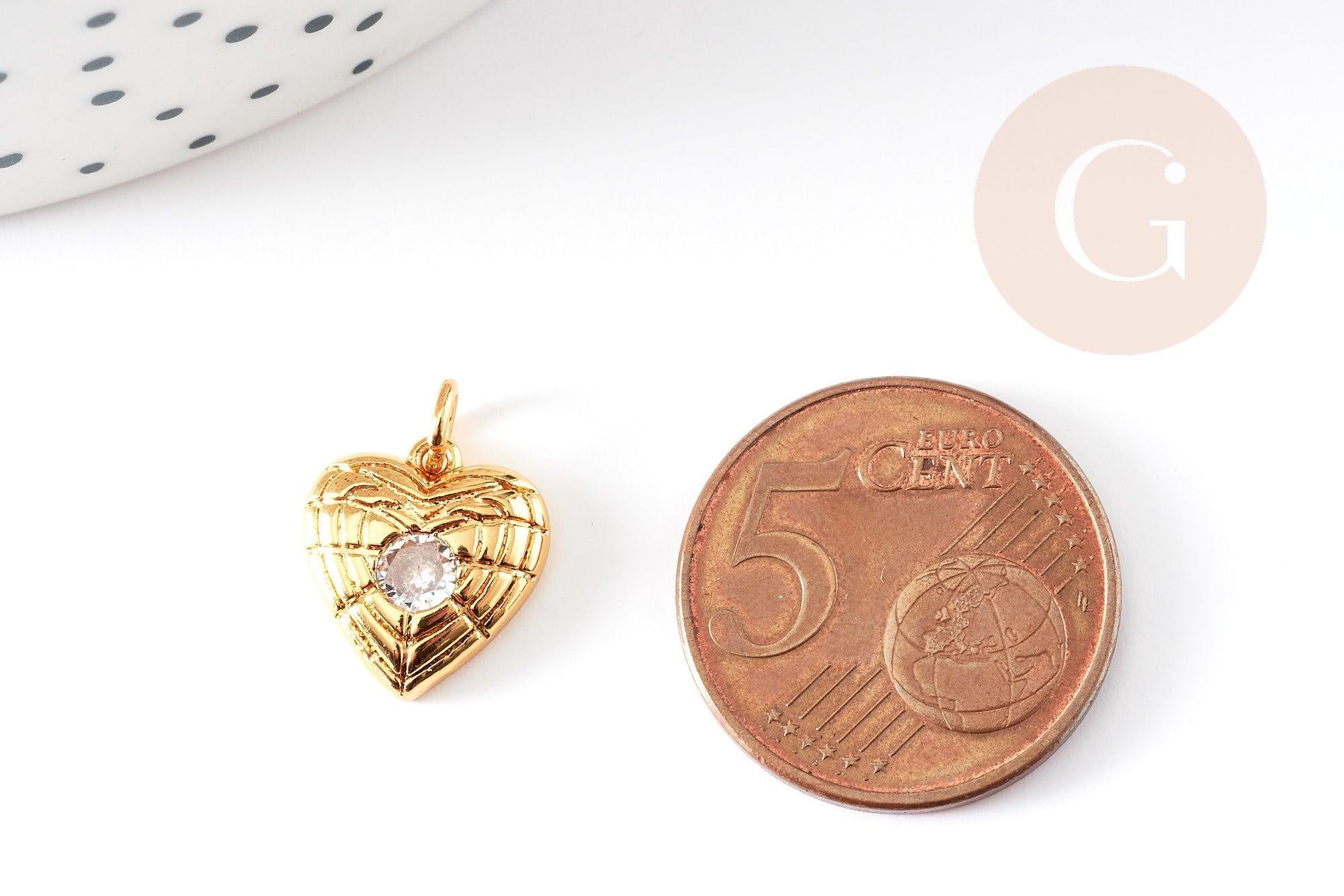 Pendentif médaille coeur laiton doré 18K et cristal zircon,pendentif laiton amour pour création bijoux,13mm, x1 G6078