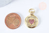 Pendentif médaille coeur laiton doré 18k zircons rouges 21mm, création bijoux fantaisie amour, x1 G6968