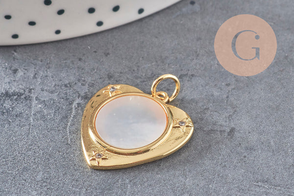 Pendentif médaille coeur nacre naturelle laiton doré 23mm sans nickel, x1 (G8838)