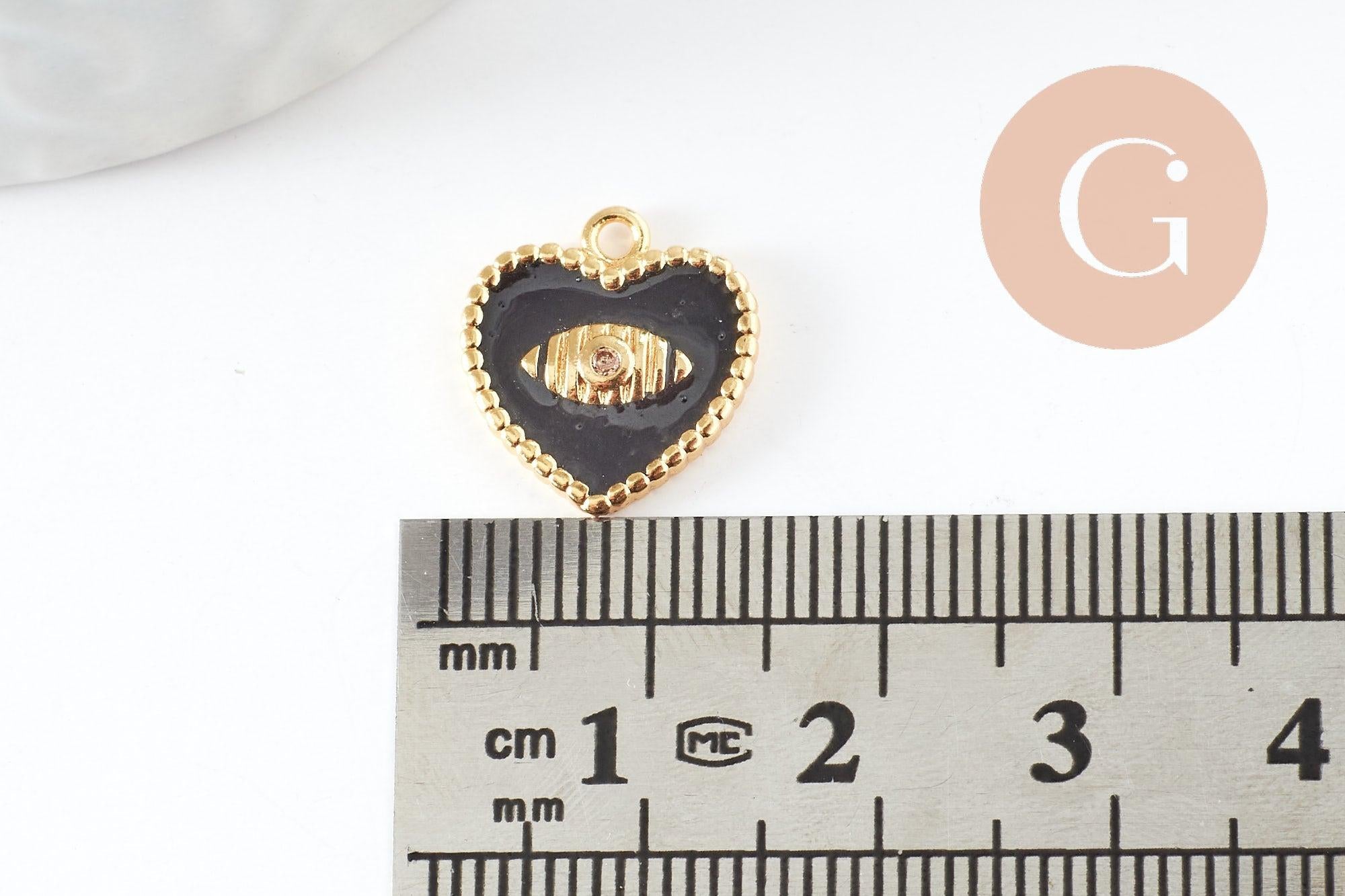 Pendentif médaille coeur oeil émail laiton doré 18K et cristal zircon,pendentif laiton amour pour création bijoux,13mm, x1 (G3414)