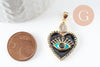 Pendentif médaille coeur oeil émail rouge laiton doré 18K et cristal zircon,pendentif laiton amour pour création bijoux,30.5mm, x1 (G7813)