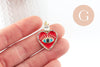 Pendentif médaille coeur oeil émail rouge laiton doré 18K et cristal zircon,pendentif laiton amour pour création bijoux,30.5mm, x1 (G7813)