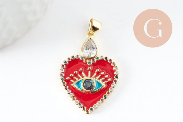 Pendentif médaille coeur oeil émail rouge laiton doré 18K et cristal zircon,pendentif laiton amour pour création bijoux,30.5mm, x1 (G7813)