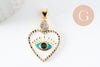Pendentif médaille coeur oeil émail rouge laiton doré 18K et cristal zircon,pendentif laiton amour pour création bijoux,30.5mm, x1 (G7813)
