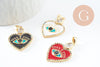 Pendentif médaille coeur oeil émail rouge laiton doré 18K et cristal zircon,pendentif laiton amour pour création bijoux,30.5mm, x1 (G7813)