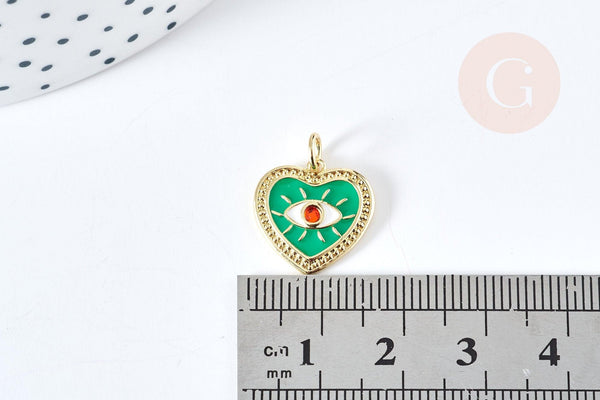 Pendentif médaille coeur oeil émail vert laiton doré 18K et cristal zircon 15mm,pendentif laiton amour , x1 G3355