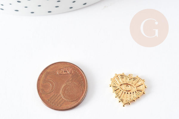 Pendentif médaille coeur oeil laiton doré 18k, pendentif doré sans nickel pour la création bijoux,médaille or,15mm, x1 G3178