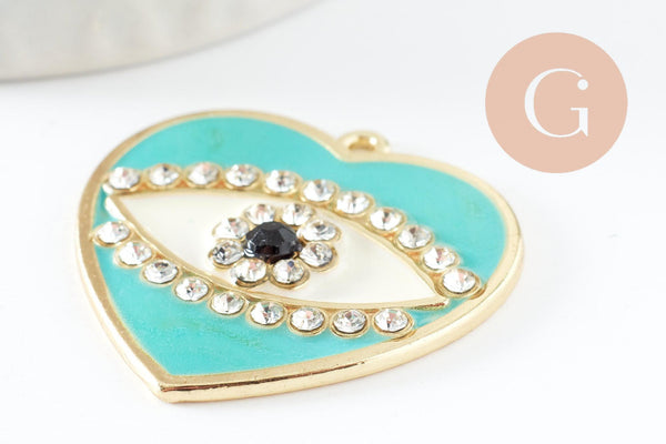Pendentif médaille coeur oeil protecteur émail laiton doré zircons 34mm, x1 (G4293)
