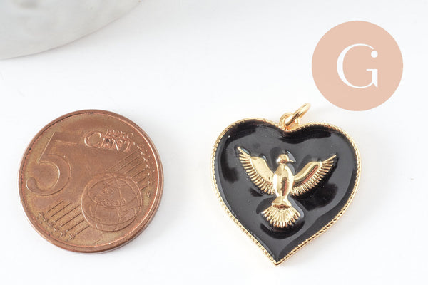 Pendentif médaille coeur oiseau émail laiton doré 18K pendentif laiton coeur,sans nickel,22.5mm, x1 (G4273)