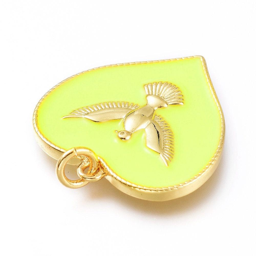 Pendentif médaille coeur oiseau émail laiton doré 18K pendentif laiton coeur,sans nickel,22.5mm, x1 (G4273)