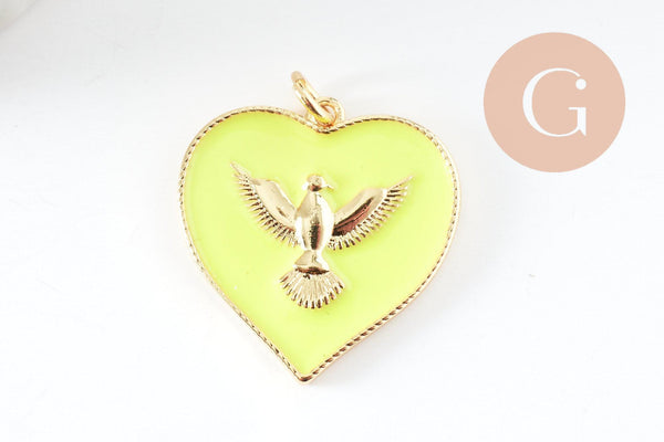 Pendentif médaille coeur oiseau émail laiton doré 18K pendentif laiton coeur,sans nickel,22.5mm, x1 (G4273)