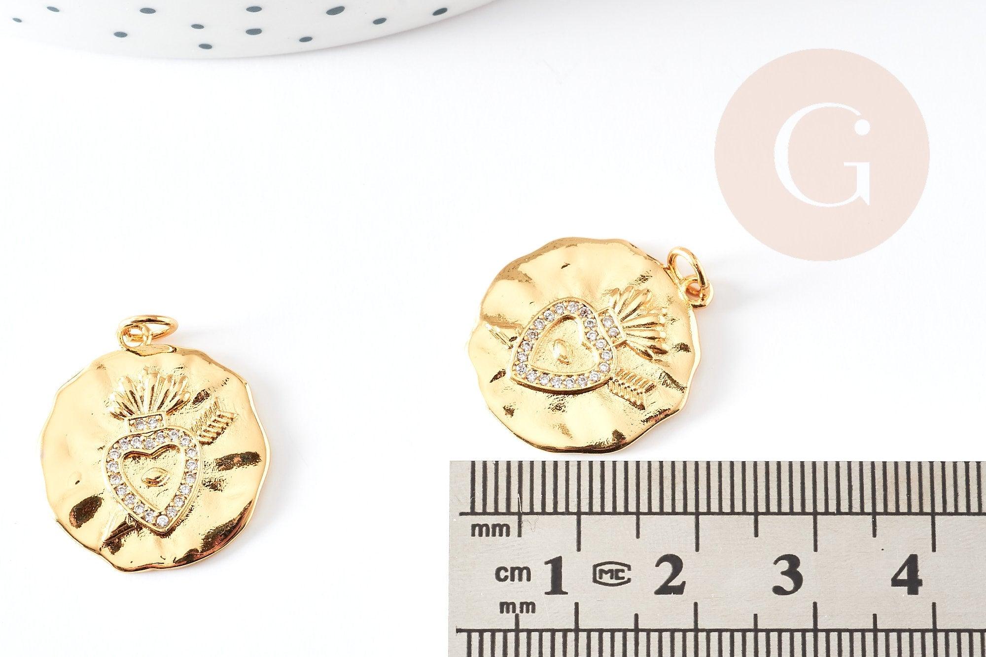Pendentif médaille coeur sacré laiton doré 18k 22mm sans nickel, pendentif amour, x1 G5958