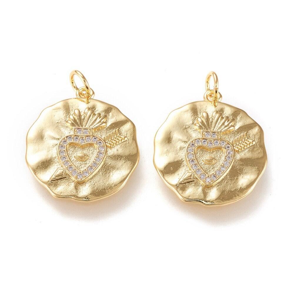 Pendentif médaille coeur sacré laiton doré 18k 22mm sans nickel, pendentif amour, x1 G5958